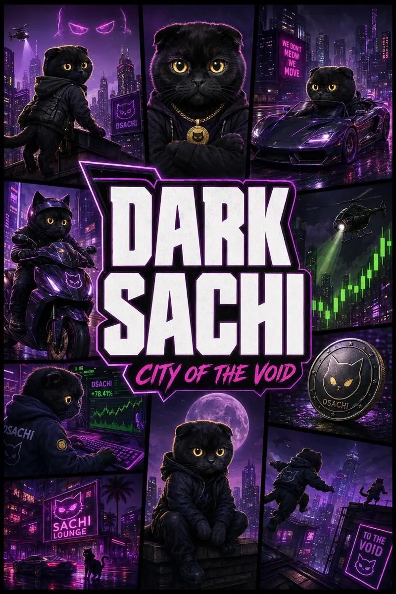 Dark Sachi 'City of the Void' poster with the $DSACHI black cat mascot in a neon Solana skyline