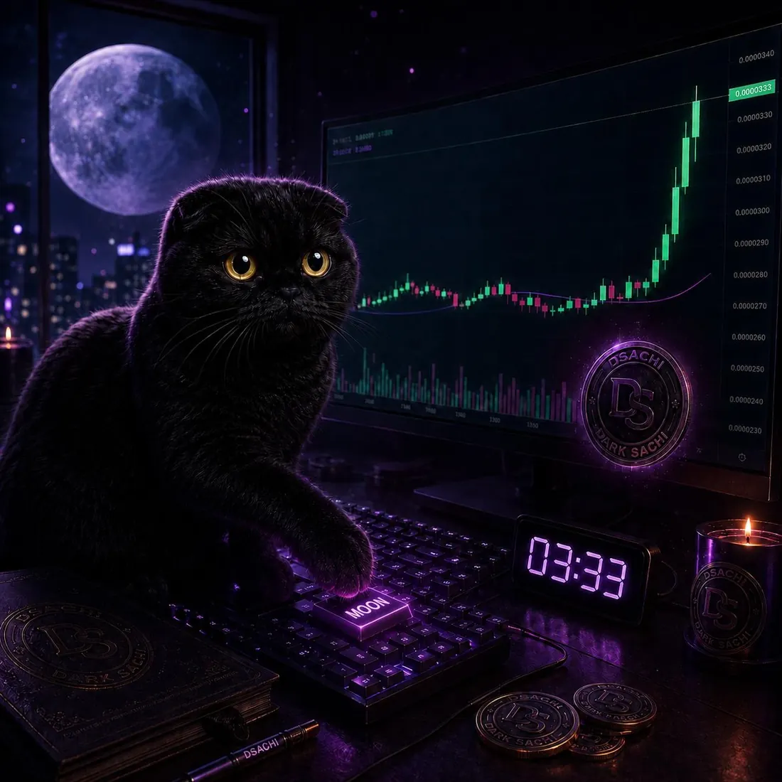 Dark Sachi glowing green as a $DSACHI chart pumps parabolically — black cat crypto meme art