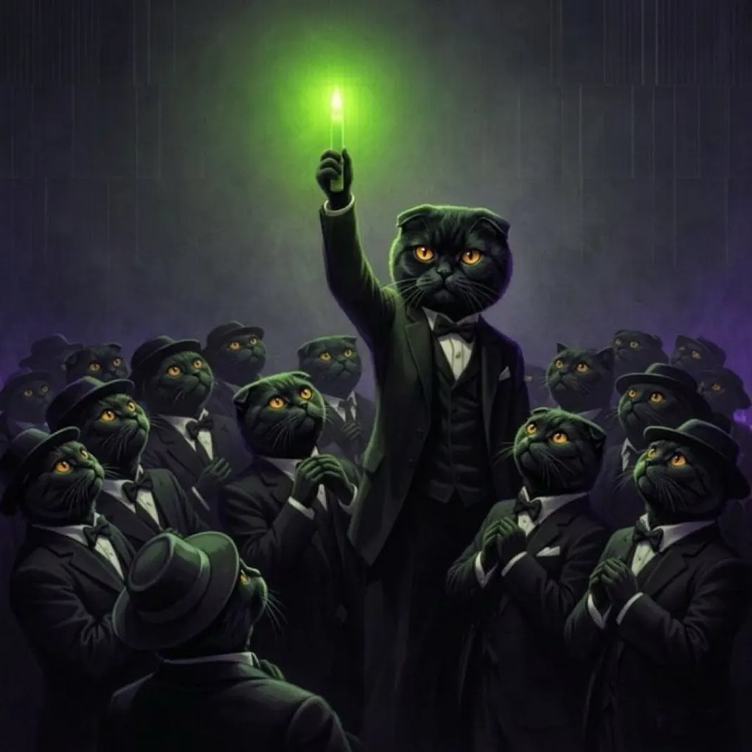 A conclave of Dark Sachi black cats raising a green flame — the $DSACHI cult campaign visual