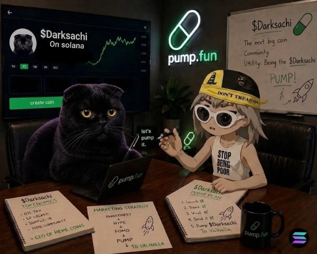 Dark Sachi at a neon trading desk at 3:33AM watching a green $DSACHI chart — nocturnal cat crypto campaign