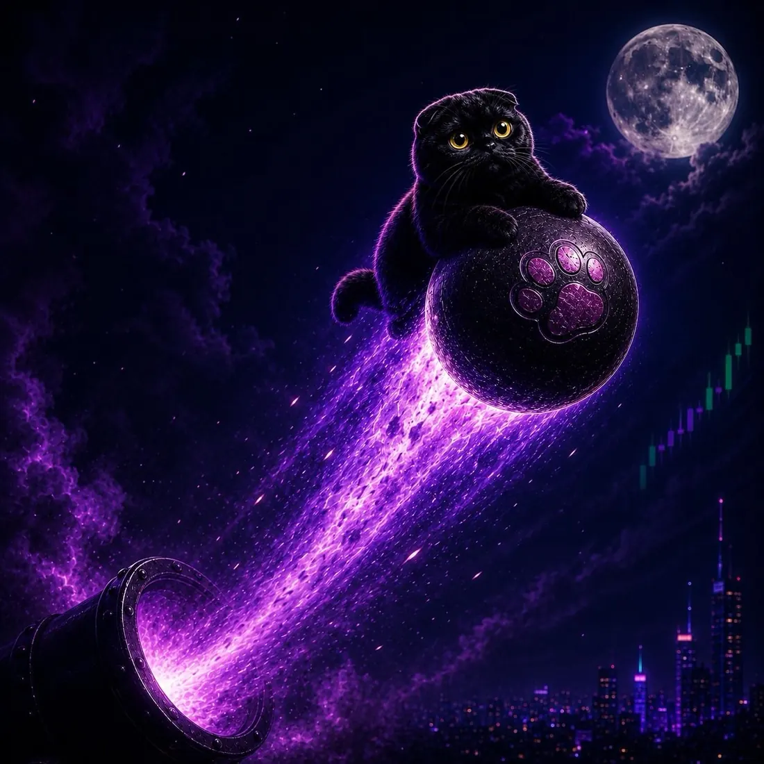 Dark Sachi riding a magenta comet through the void — cinematic $DSACHI cat art