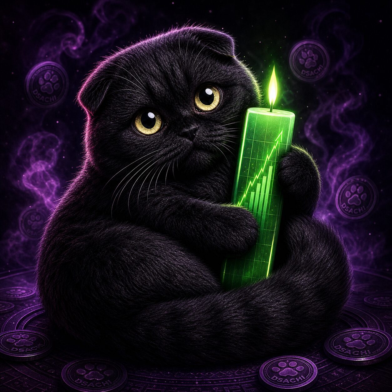 Dark Sachi curled around a glowing green chart candle