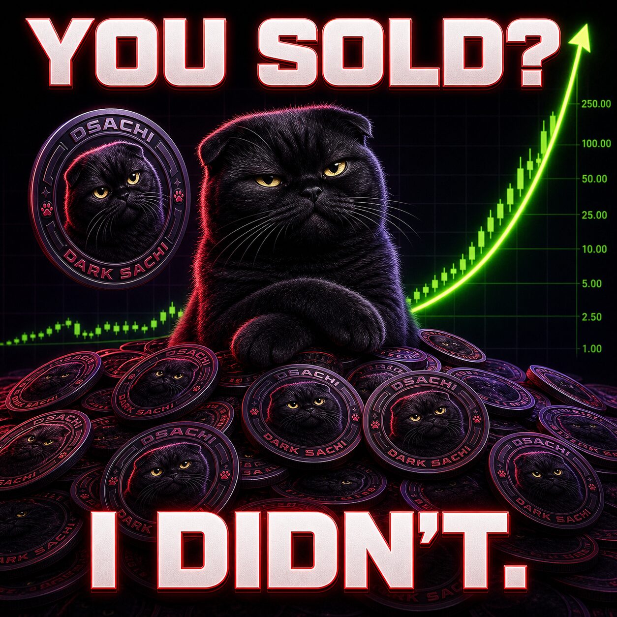 Dark Sachi on a pile of coins under a parabolic chart, caption you sold, I didn't
