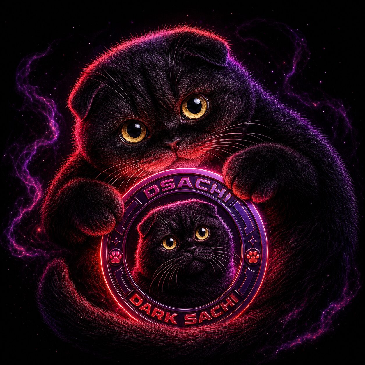 Dark Sachi curled around a glowing DSACHI coin in the void