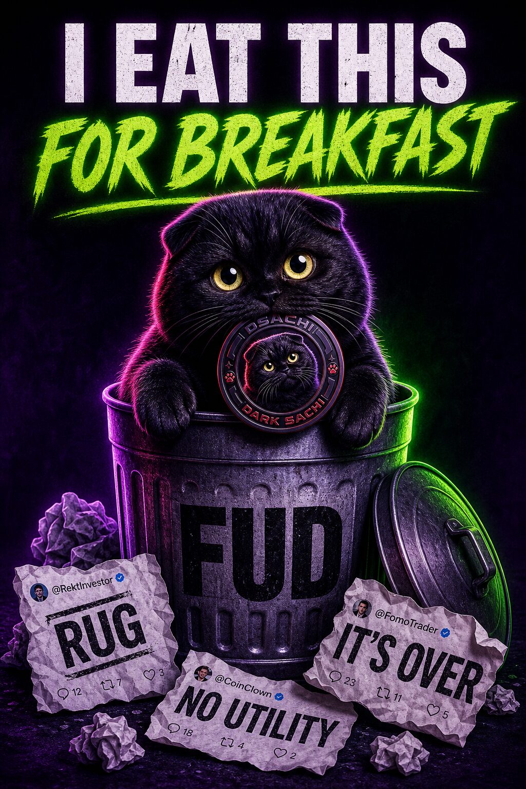 Dark Sachi emerging from a FUD trash can, caption I eat this for breakfast