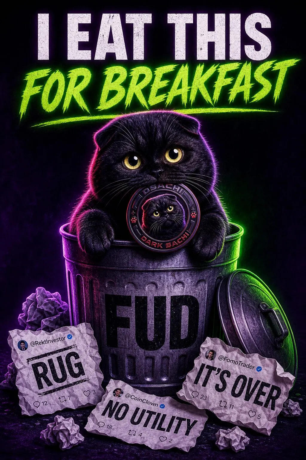 Dark Sachi emerging from a FUD trash can with dark memecoin humor