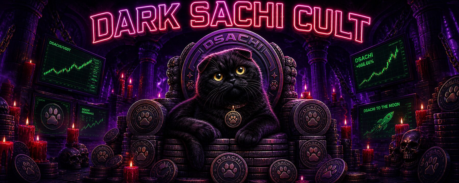 Dark Sachi on a throne of coins and candles — DARK SACHI CULT banner