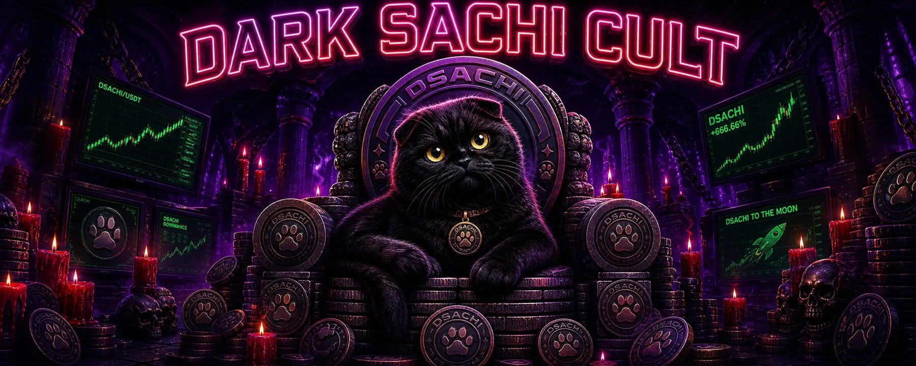 Dark Sachi on a throne of coins and candles in a cinematic Solana memecoin scene