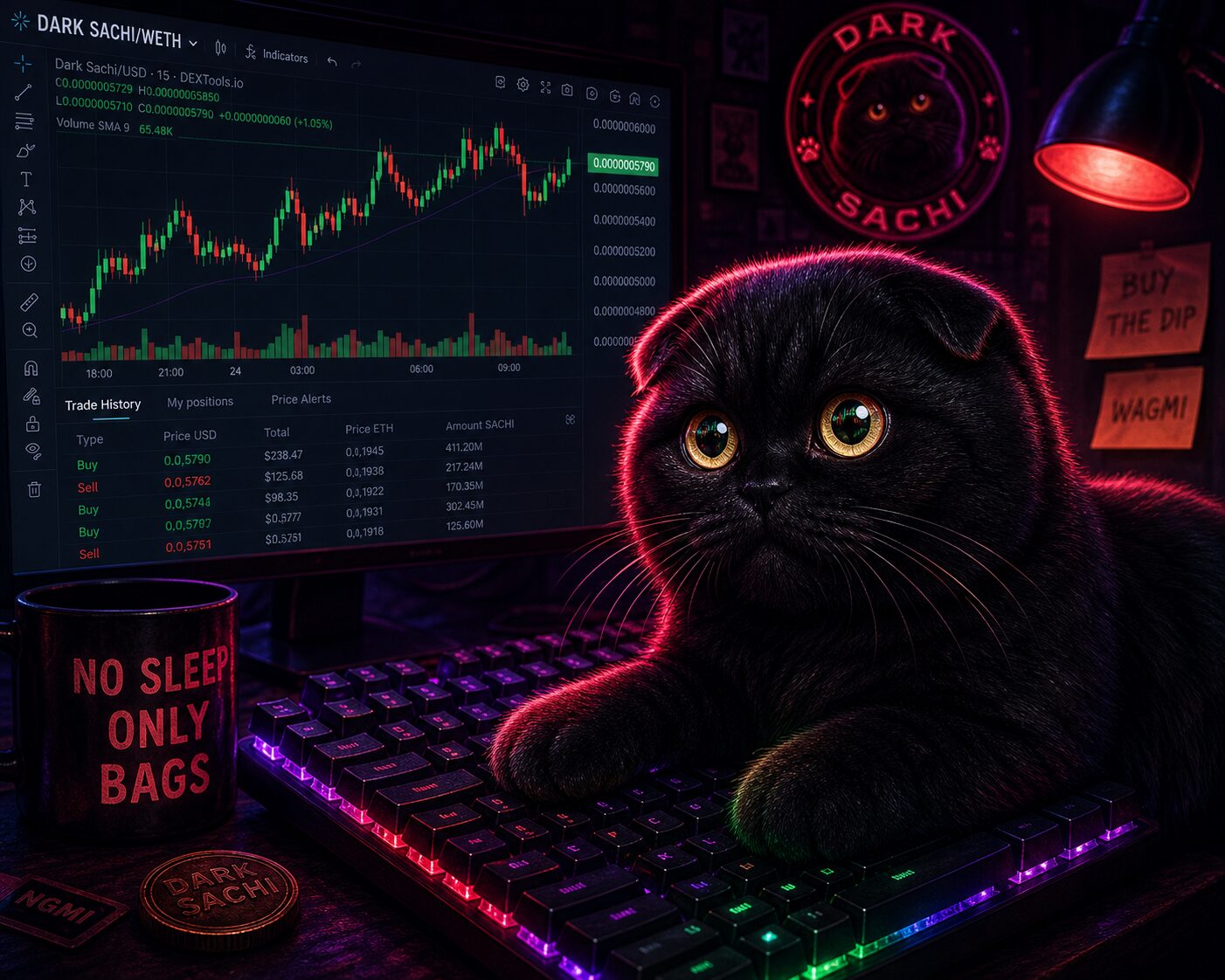 Dark Sachi on a glowing keyboard with charts reflected in her eyes