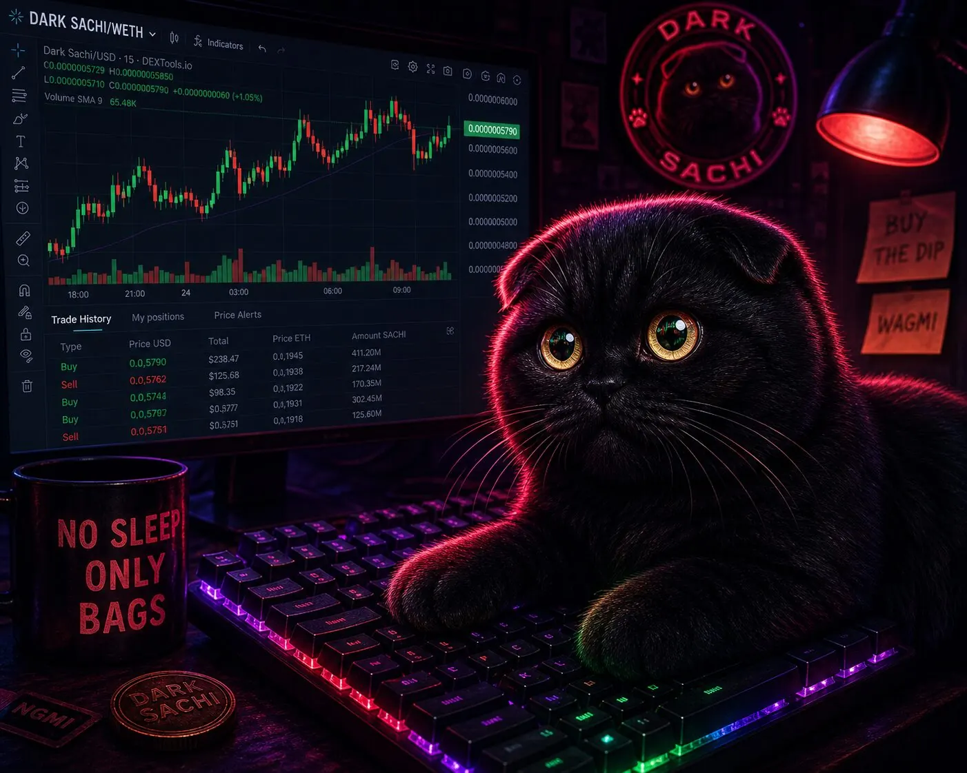 Dark Sachi black cat on a glowing keyboard beside late-night trading charts