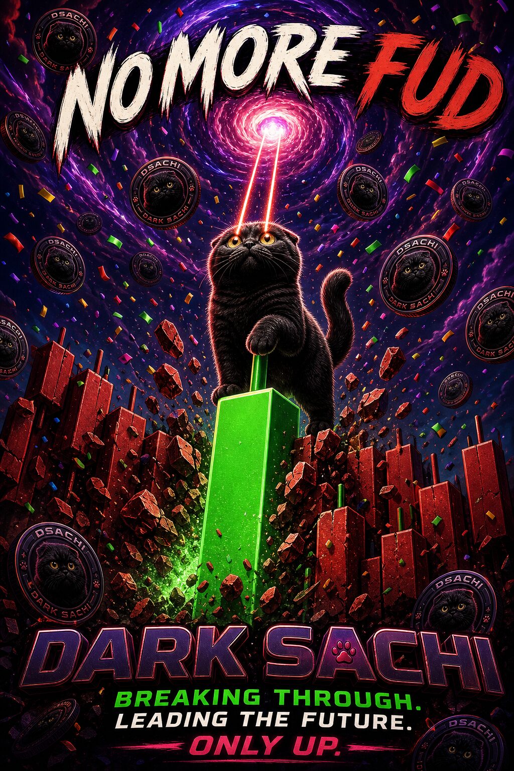 Dark Sachi with laser eyes on a huge green candle breaking through red candles