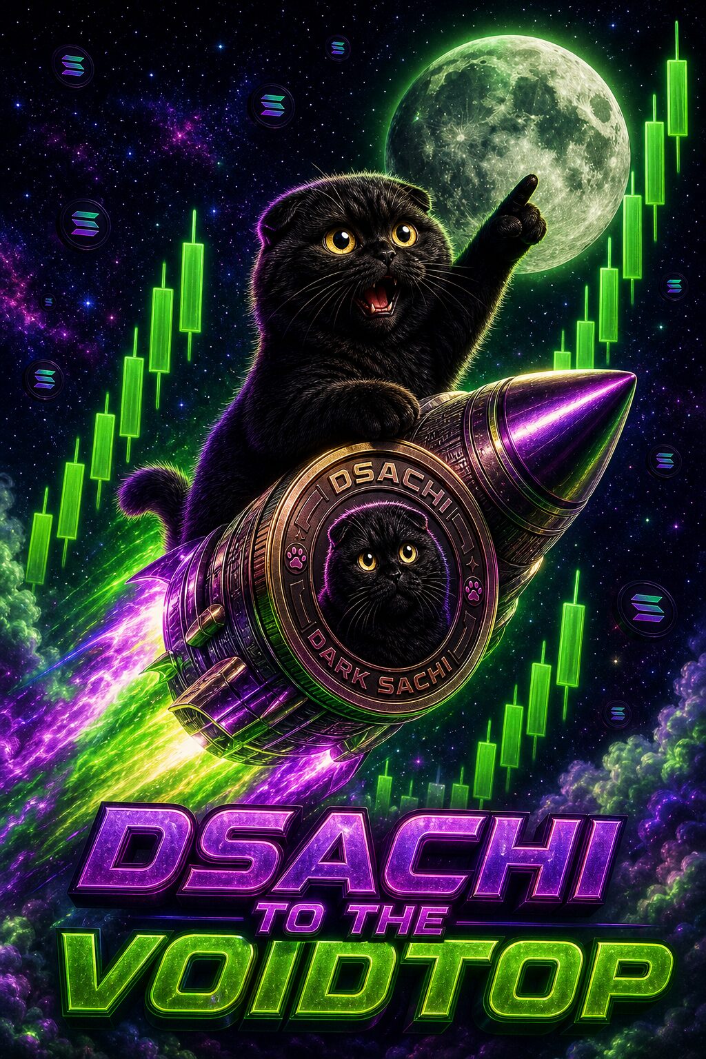 Dark Sachi riding a rocket of DSACHI coins through green candles