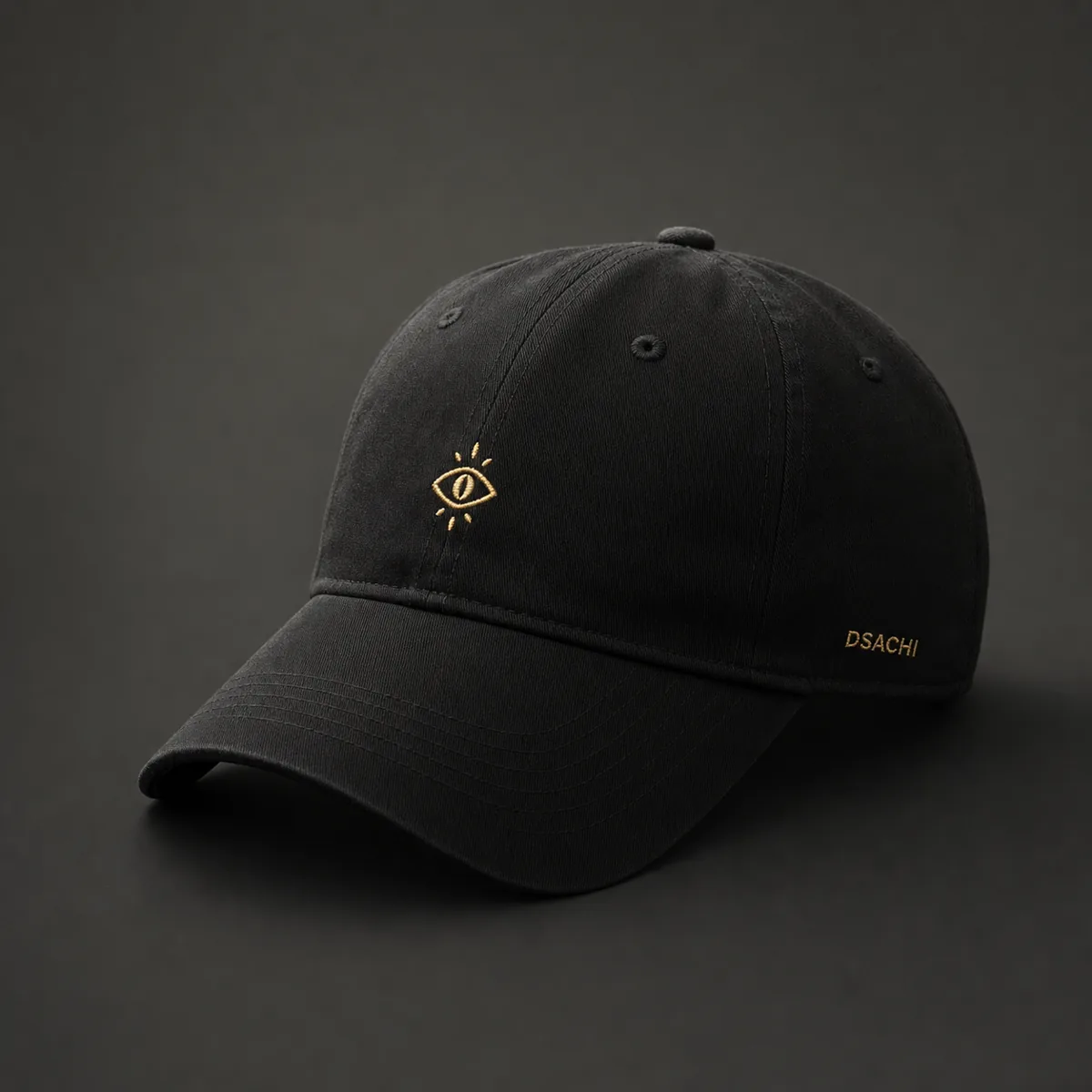 Embroidered Black Cap — black Dark Sachi $DSACHI dad cap with embroidered cat sigil, crypto memecoin headwear