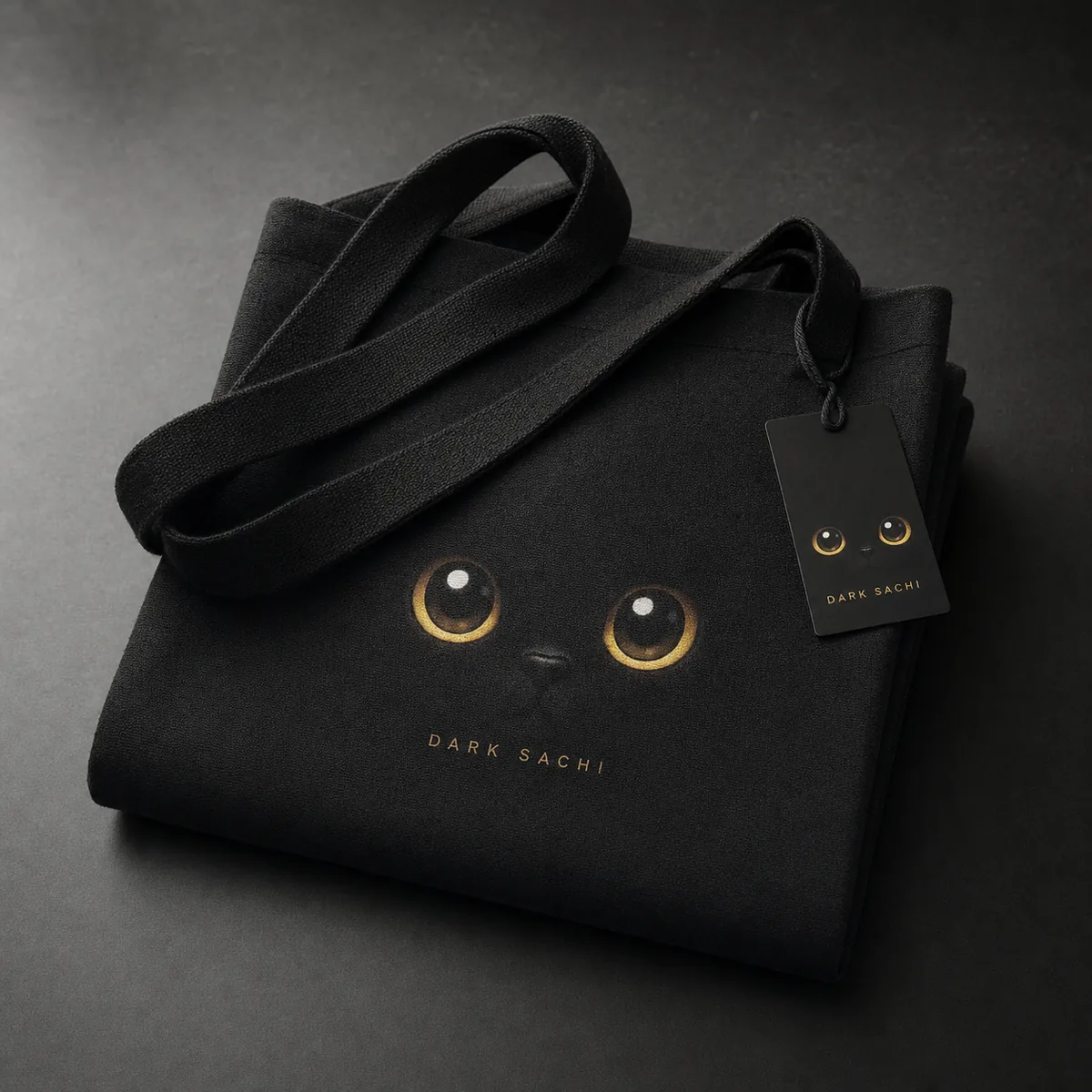 Folded Void Tote — black canvas Dark Sachi $DSACHI tote bag, everyday cat crypto carry