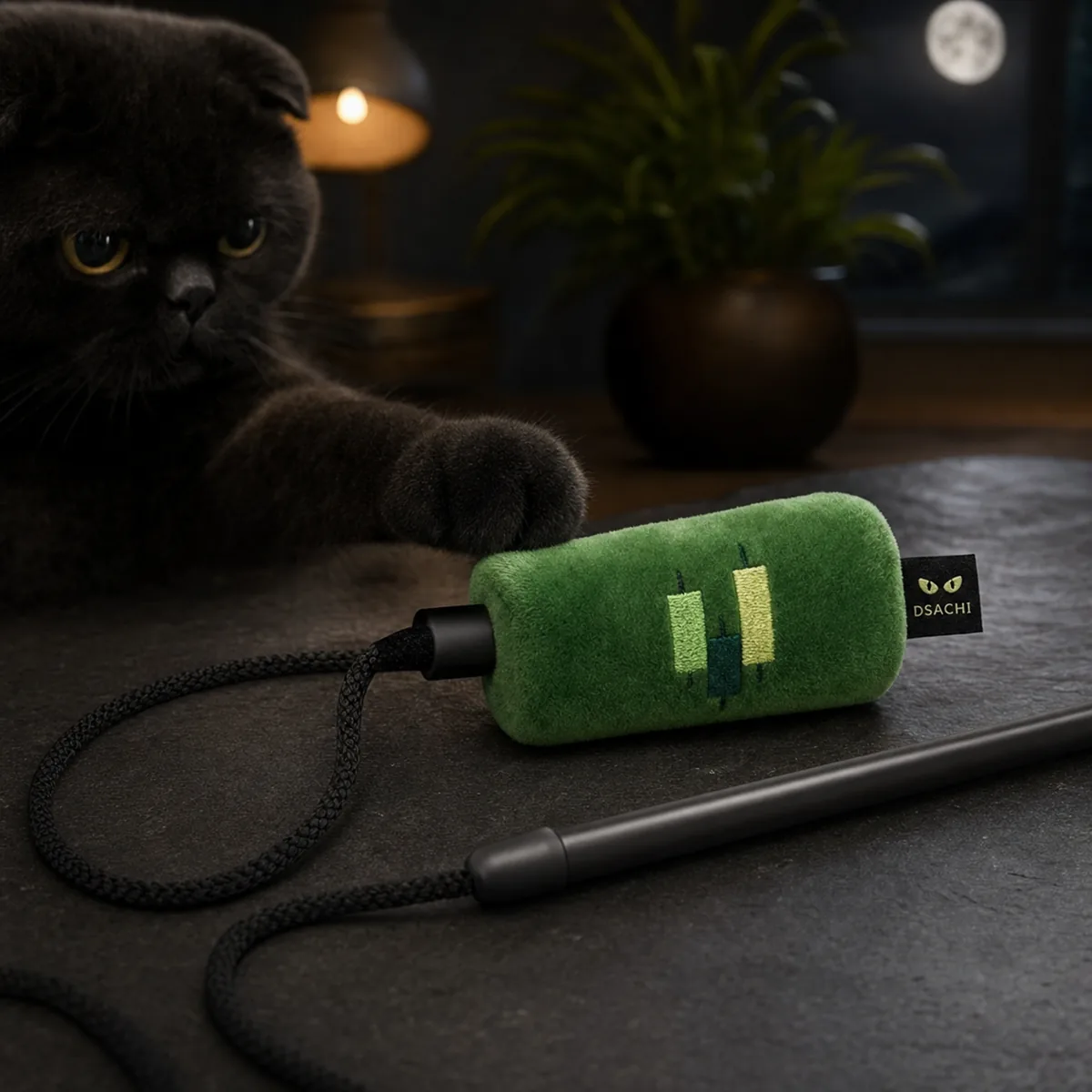 Green candlestick plush lure hanging from a black Dark Sachi cat wand toy with a black cat paw reaching toward it.