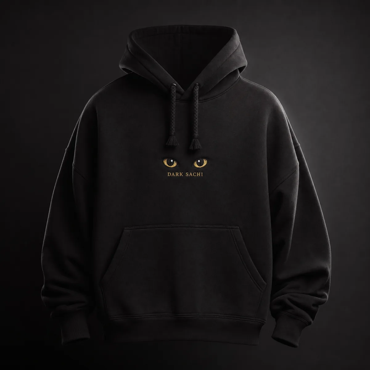 Heavyweight Void Hoodie — oversized black Dark Sachi $DSACHI hoodie, premium crypto streetwear from the Solana cat memecoin merch drop