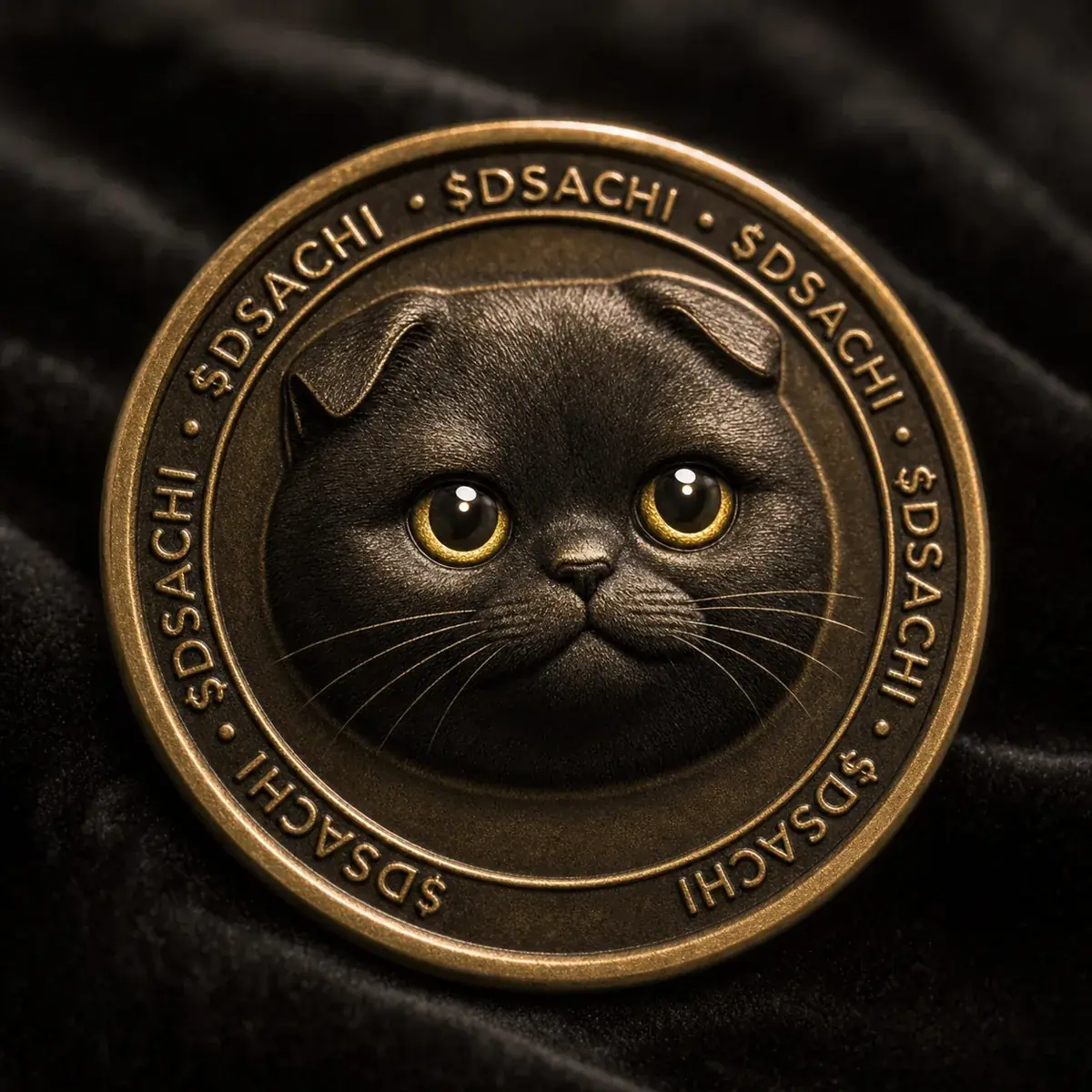 Collectible $DSACHI Coin — small metallic Dark Sachi collectible challenge coin, Solana cat memecoin keepsake