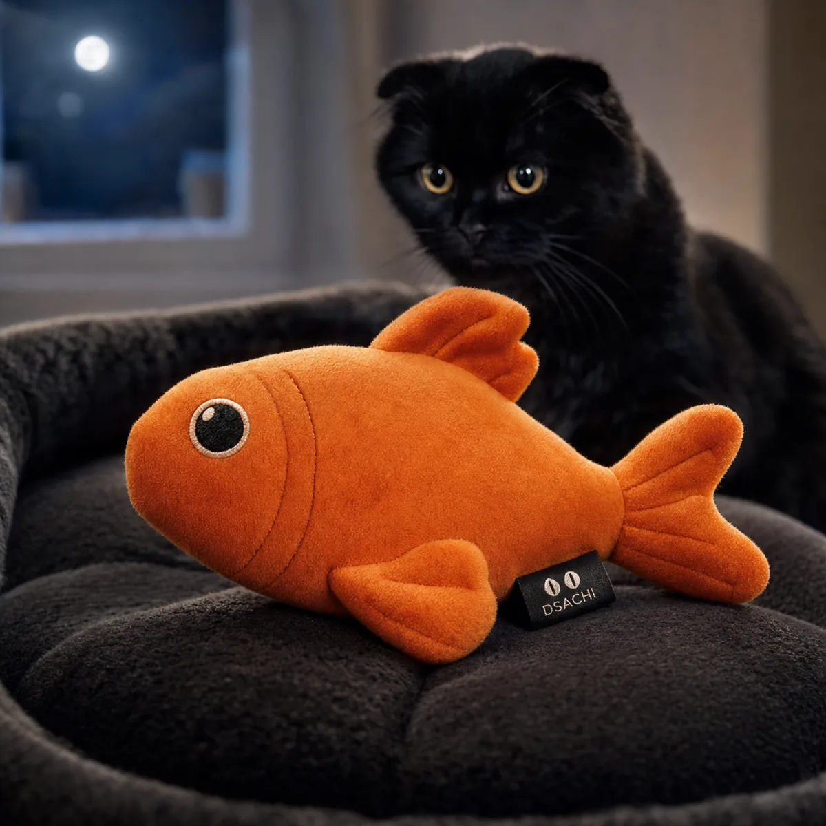 Orange plush fish Dark Sachi cat toy on a dark wood surface with a black cat in the background and gold charm detail.