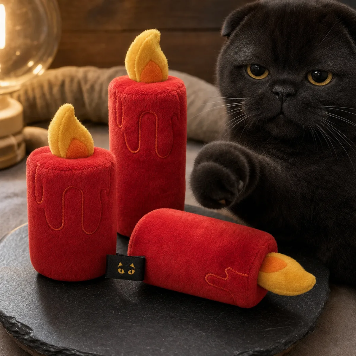 Three red candle plush Dark Sachi cat toys on black fabric with gold eye embroidery and a black cat paw touching one toy.