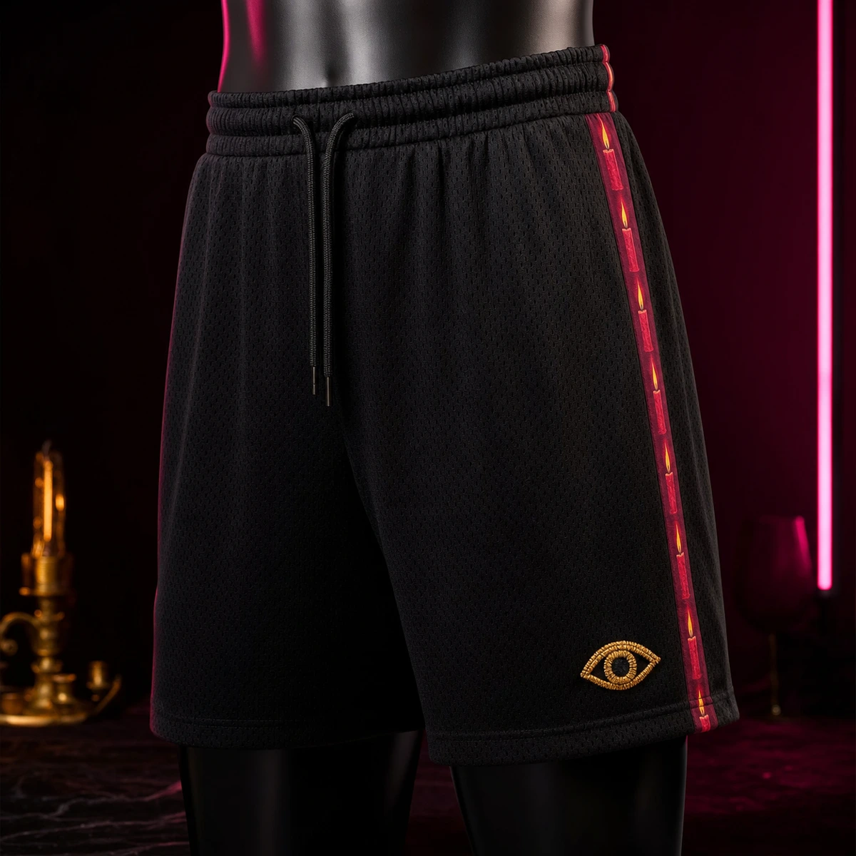 Red Candle Mesh Shorts — Dark Sachi shorts from the $DSACHI nocturnal collection