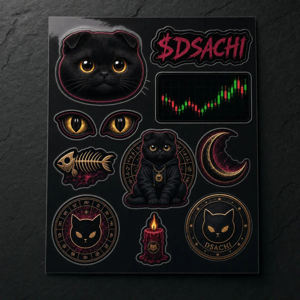 Sachi Sticker Sheet — die-cut Dark Sachi $DSACHI vinyl sticker sheet with cat sigils and red candles