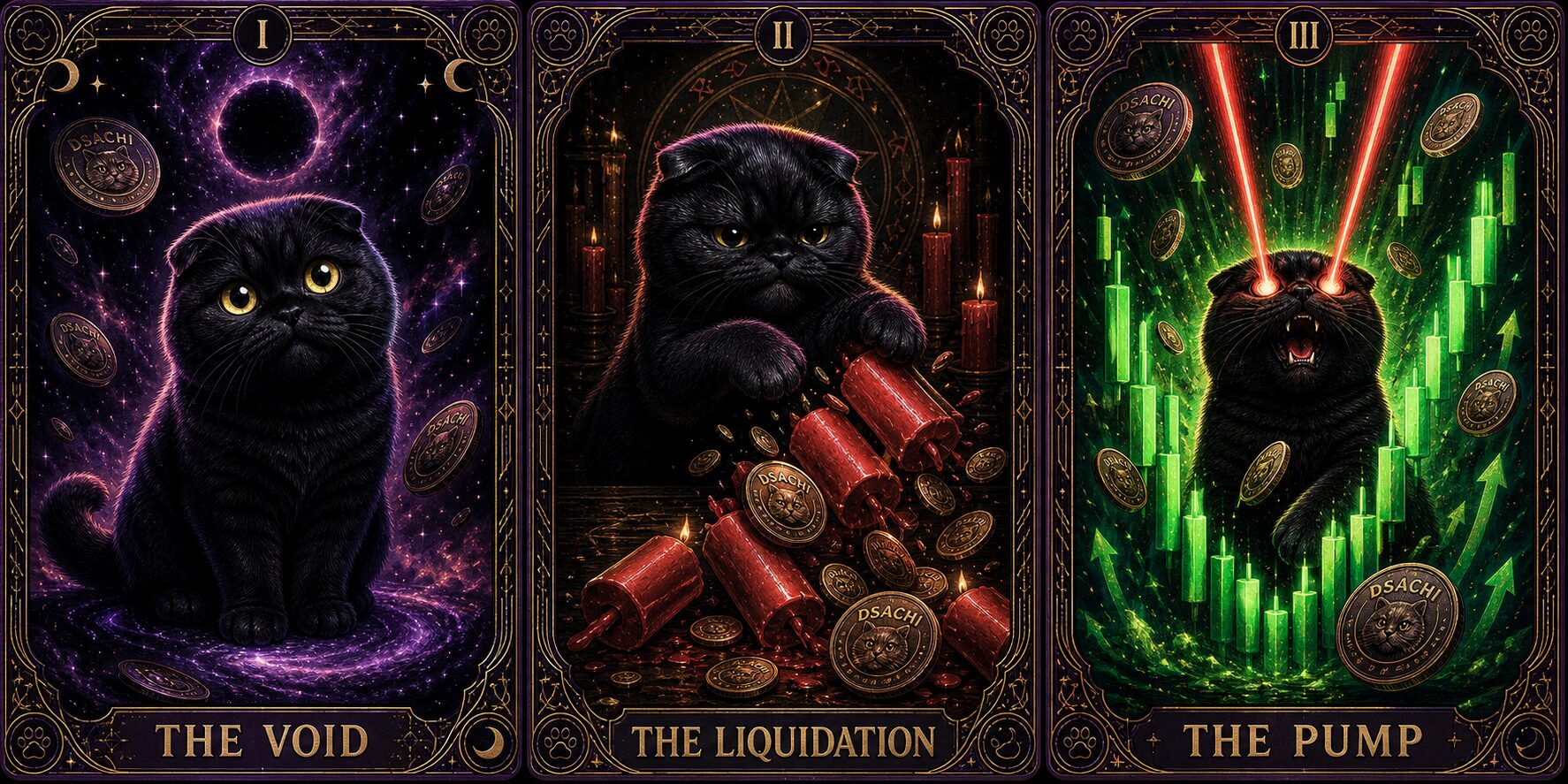 Tarot triptych of Dark Sachi — The Void, The Liquidation, The Pump