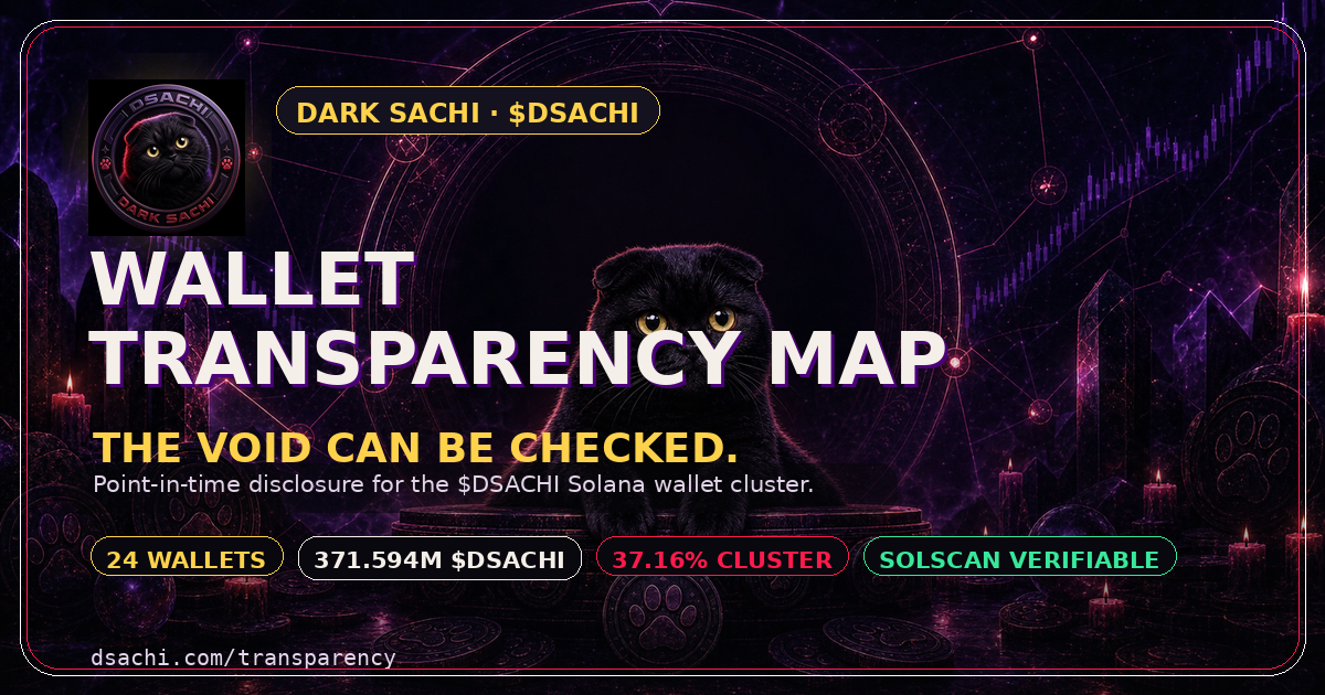 Dark Sachi wallet transparency map social card with 24 wallets and Solscan verification callout