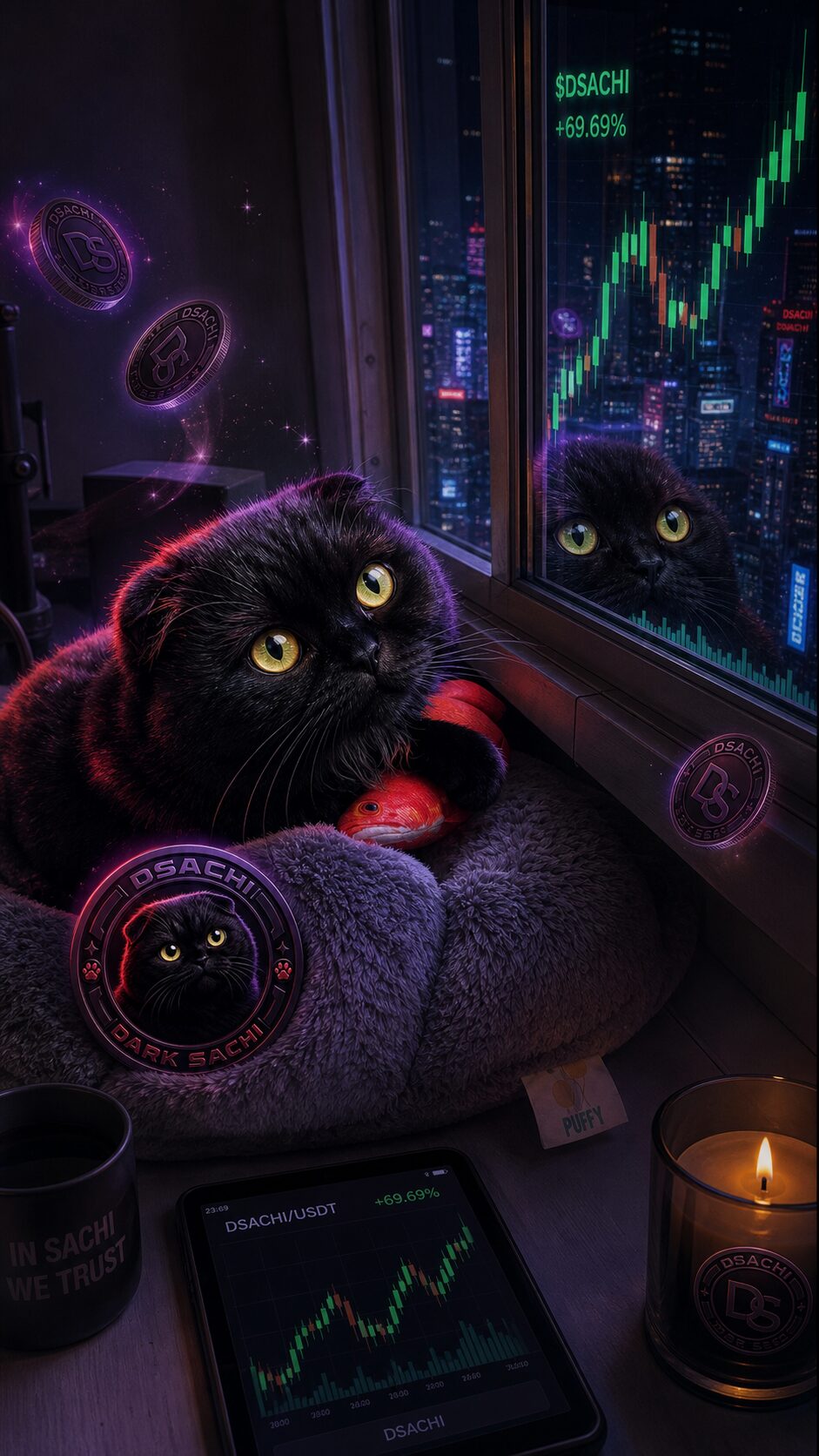 Dark Sachi on a windowsill at night, charts glowing through the glass